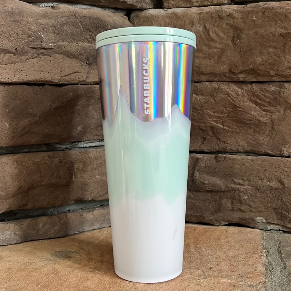 Starbucks 2021 Holiday Icy Mint White & Silver Iridescent Wave Tumbler 24 oz